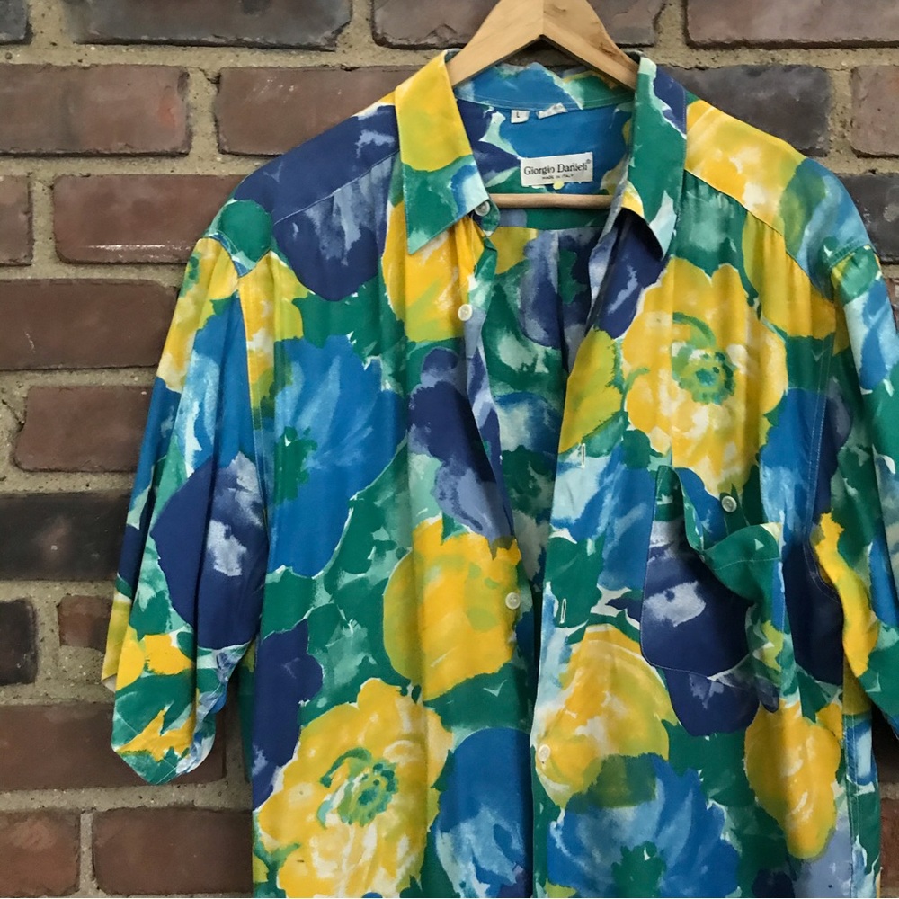 Vintage Giorgio DANIELI | Tropical Floral Blue Top -large -32” Long -49 Bust